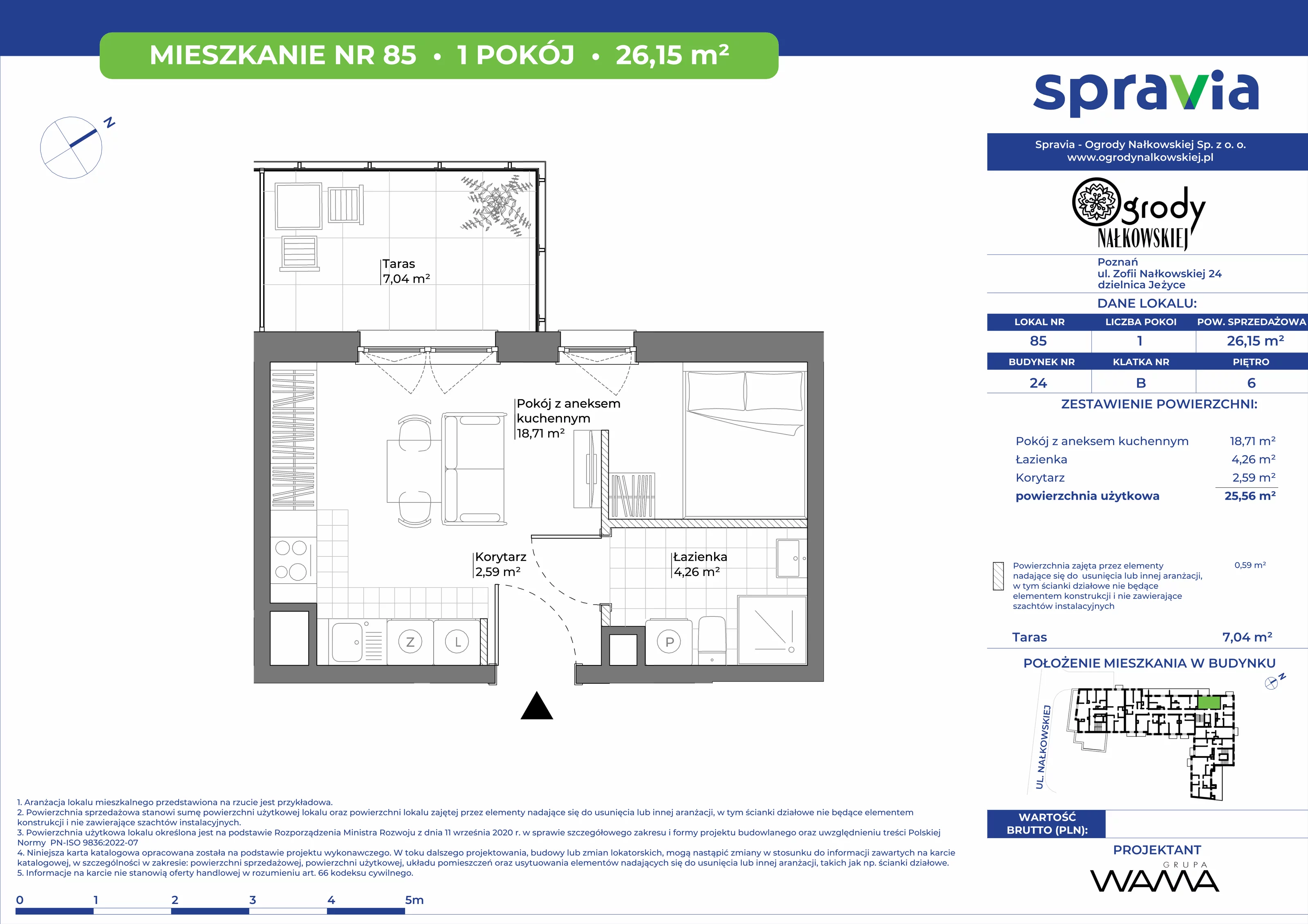 1 pokój, mieszkanie 26,15 m², piętro 6, oferta nr 24-85, Ogrody Nałkowskiej, Poznań, Ogrody, ul. Nałkowskiej 24, 26